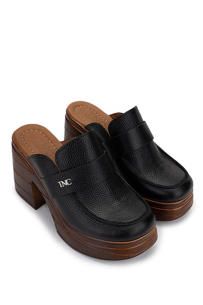 Tamer Tanca Women's Genuine Leather Black Heeled Slippers