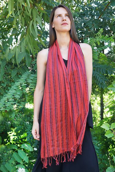 Defne&Apollon İpekçilik Hand Woven Peace Silk Scarf&Kaşkol - Striped - Red
