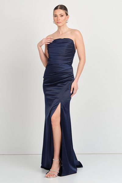 DORİDORCA Doridorca Women Strapless Draped Satin Maxi Evening Dress 7051 Navy Blue