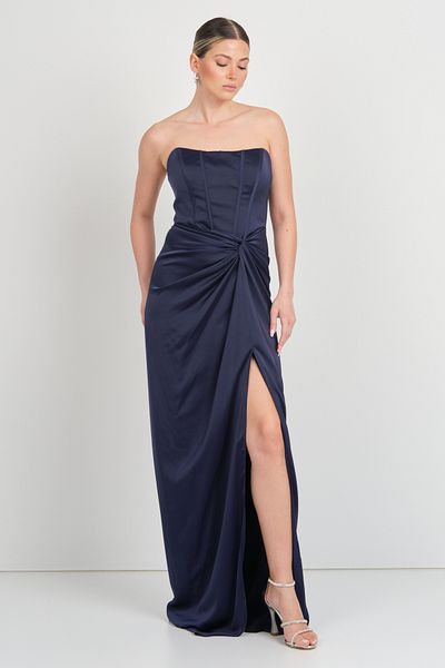 DORİDORCA Doridorca Women Strapless Deep Slit Long Evening Dress 5062 Navy Blue