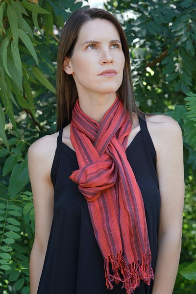 Defne&Apollon İpekçilik Hand Woven Peace Silk Scarf&Kaşkol - Striped - Red