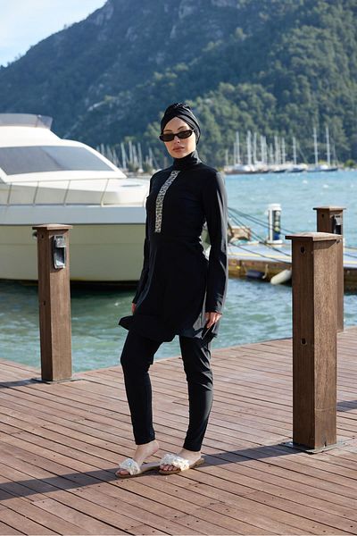NS TASARIM MAYO Mira Model Stone Striped Lycra Design Hijab Double Swimsuit Set