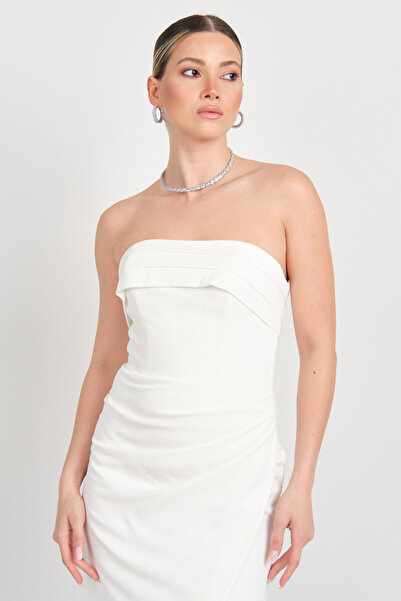 DORİDORCA Doridorca Women Strapless Skirt Asymmetrical Evening Dress 6011 Ecru