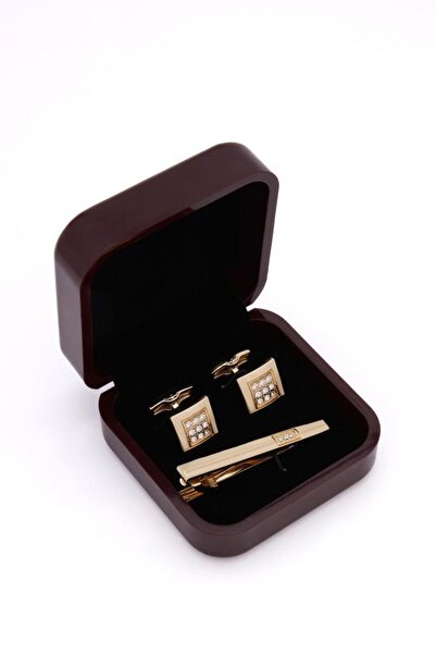 Brianze Premium Kutulu Gold Özel Tasarım Kol Düğmesi ve Kravat İğnesi Set