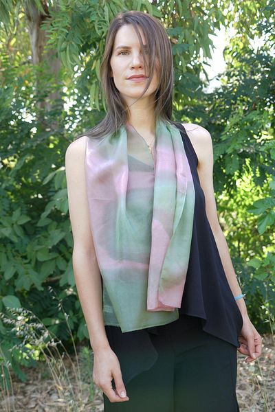 Defne&Apollon İpekçilik 100% Pure Silk Hand Painted Scarf - Special Design 35X140Cm - Pink-Green