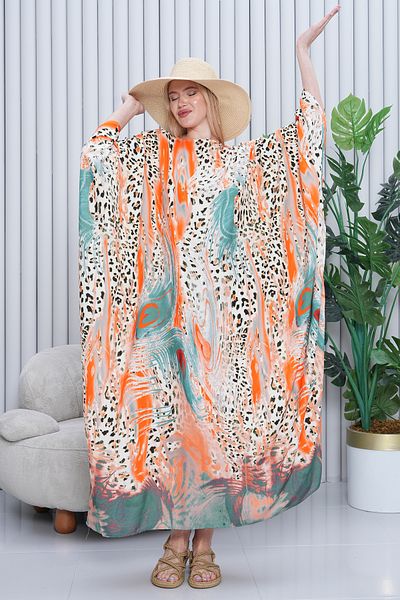 EL jadida Women's Patterned Oversize Long Viscose Dress Orange