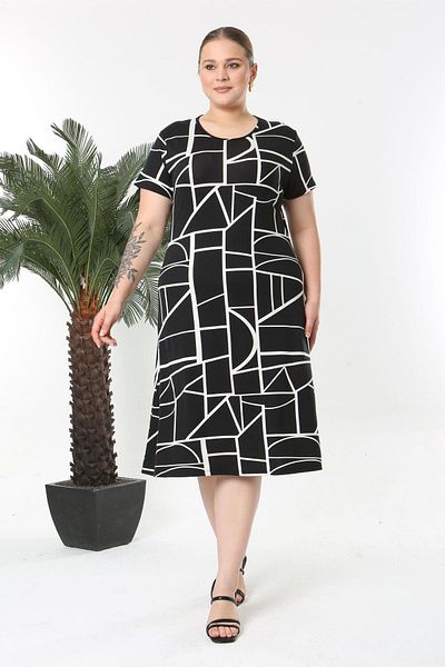 Madwilo Women's Black White Geometric Line Pattern Midi Dress