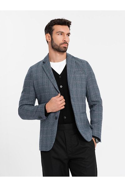 OMBRE Herren Jacquard-Blazer in zartem Karomuster - Graphit V1 OM-BLZB-0119 XL