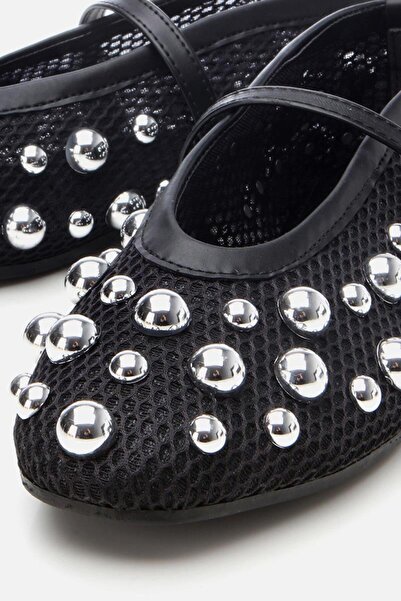 Yaya by Hotiç Women's Black Mesh Stone Detailed Ballerinas