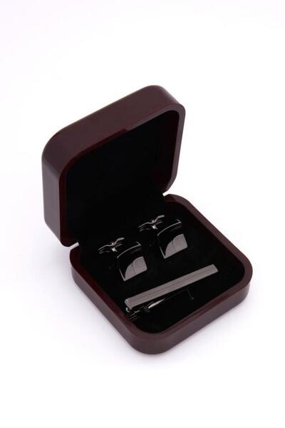 Brianze Premium Kutulu Antrasit Kol Düğmesi ve Kravat İğnesi Set