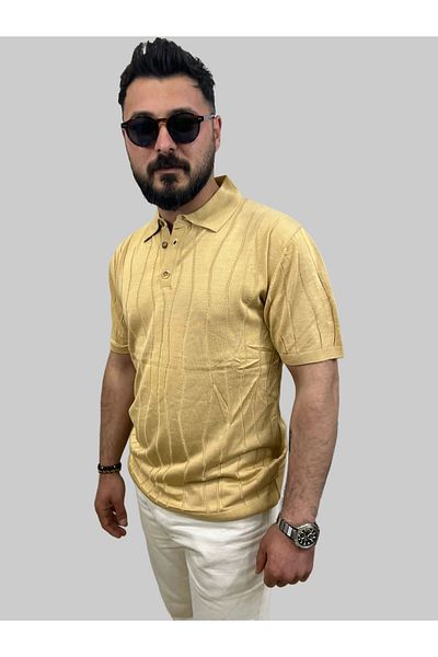 daniel milano Men's Wave Striped Slim Fit Polo Neck Yellow Knitwear T-Shirt