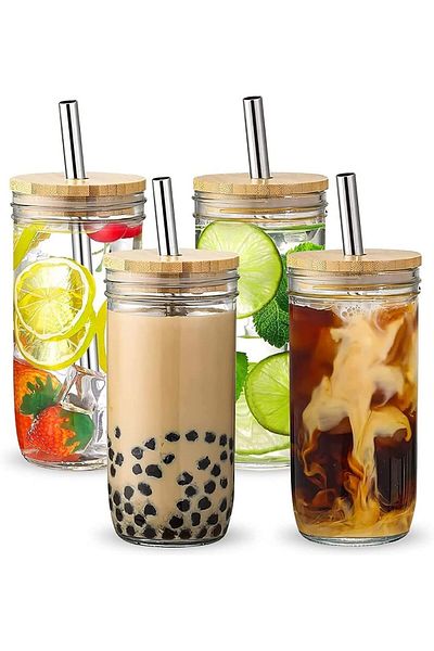 COOYA 4 Pcs Glass Cups Set,with Bamboo Lids & Stainless Steel Straws,Dishwasher Safe,for any Occasion
