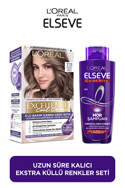ELSEVE Turunculaşma Karşıtı Mor Şampuan + Excellence Cool Creme Saç Boyası 7.11 Ekstra Küllü Kumral