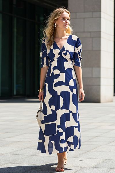 Trendyol Collection Темно-синя сукня з віскозного тканого матеріалу А-силуету з геометричним візерунком TWOSS25EL00314