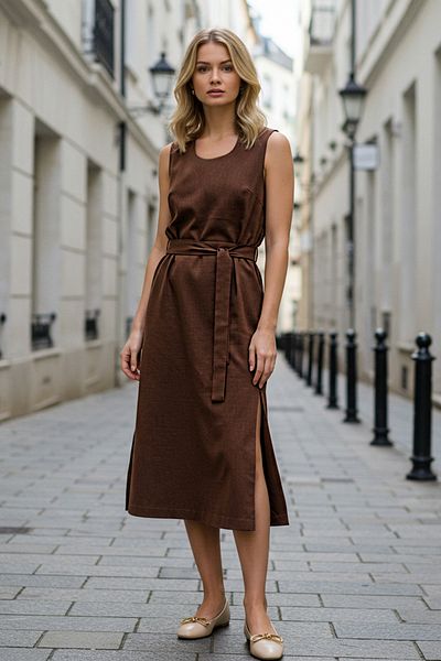 Trendyol Collection Καφέ ζωνάκι με λεπτομέρεια μηδενικό μανίκι μίντι πλεκτό φόρεμα TWOSS25EL00665