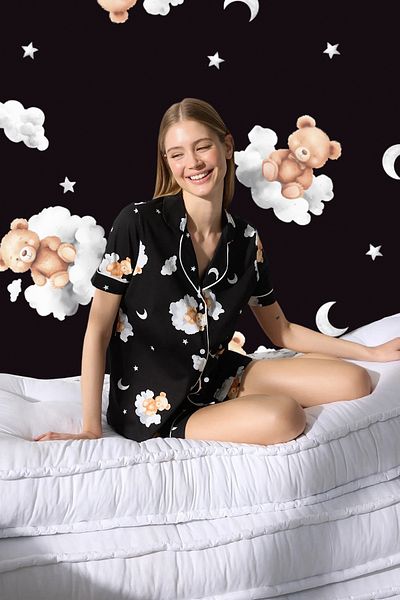 Trendyol Collection Black 100% Cotton Teddy Bear Galaxy Patterned Knitted Pajama Set with Piping Shorts