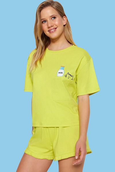 Trendyol Collection Světle zelená bavlněná nabíraná souprava pleteného pyžama Thmss22Pt0422