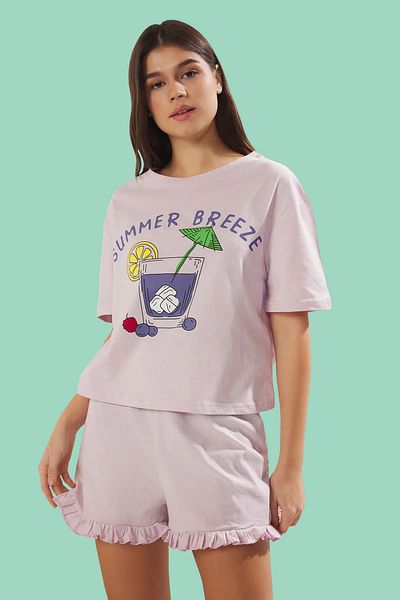 Trendyol Collection Sommer-Pyjama-Set aus Baumwolle mit Rüschen in Flieder – THMSS25PT00147