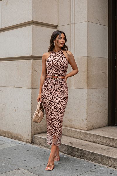 Trendyol Collection Макси плетена рокля с кафяв животински леопард с шишар/седящо деколте Twoss25El00085