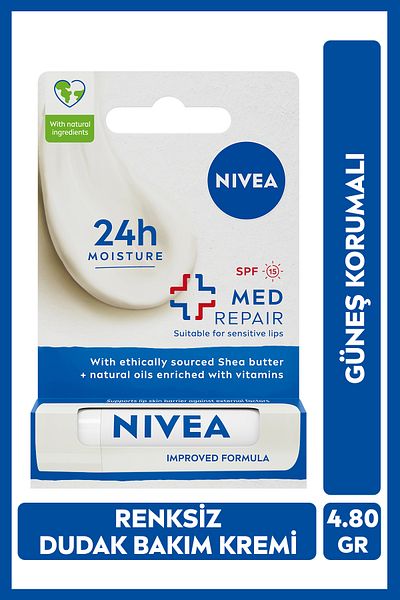 NIVEA Spf15 Sunscreen Colorless Lip Care Cream Med Repair 4.8Gr, Moisturizing, Repairing, Cracked Lip
