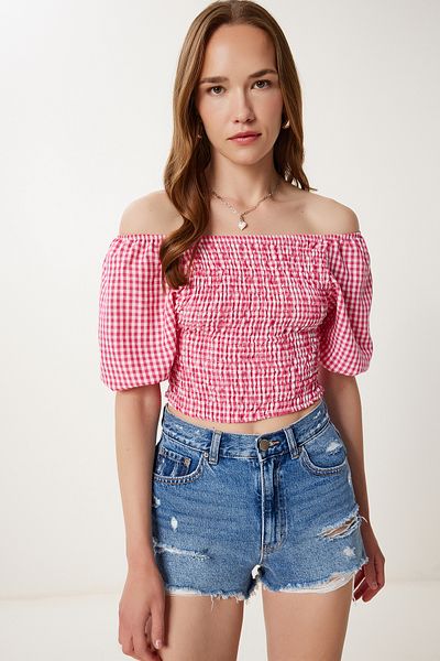 Happiness İstanbul Rosa karierte Carmen-Kragen-Bluse aus elastischem Crop-Leinen für Damen TP00079