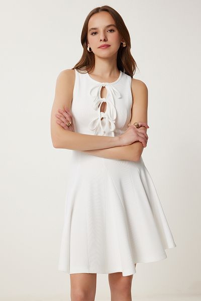 Happiness İstanbul Women's Ecru Tie Detailed Mini Ribbed Knitted Dress Pb00041
