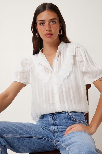 Happiness İstanbul Women's White Balloon Sleeve Flounced Chiffon Shirt Tp00098