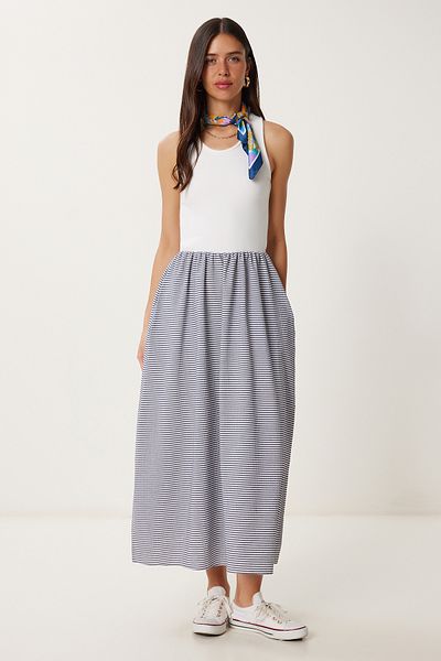 Happiness İstanbul Women's Navy Blue White Stretchy Knitted Top with Checkered Skirt Midi Dress Ci00120