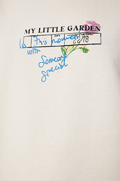 Happiness İstanbul Women's Cream Printed Cotton Knitted T-Shirt Ub00399