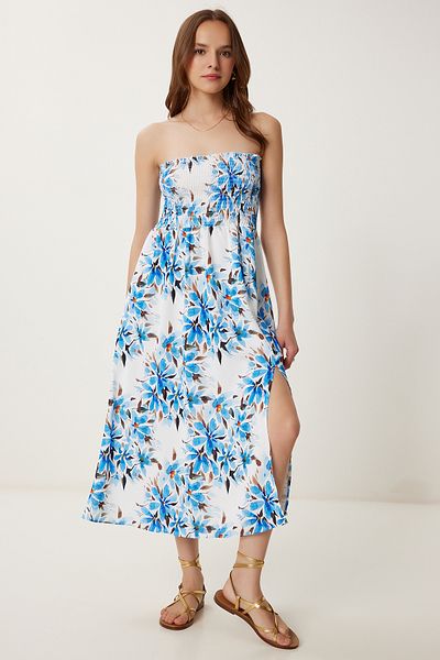 Happiness İstanbul Rochie de damă, albastră, cu model de flori, țesută fără bretele JH00057