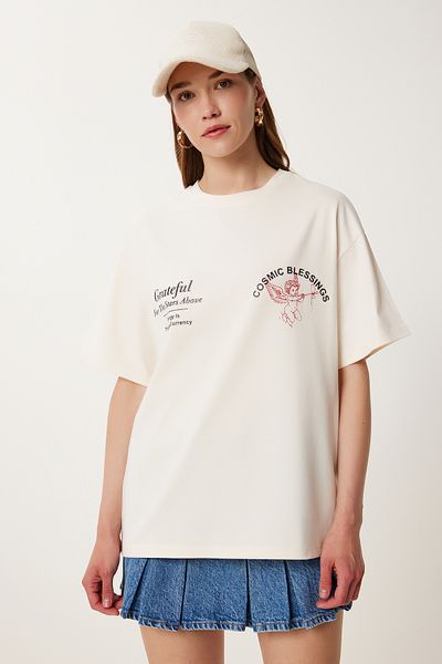 Happiness İstanbul Cremefarbenes bedrucktes Baumwoll-Strick-T-Shirt für Frauen UB00400