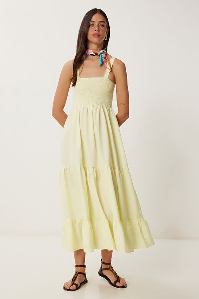 Happiness İstanbul Women's Yellow Strap Flounced Summer Dress Zv00330