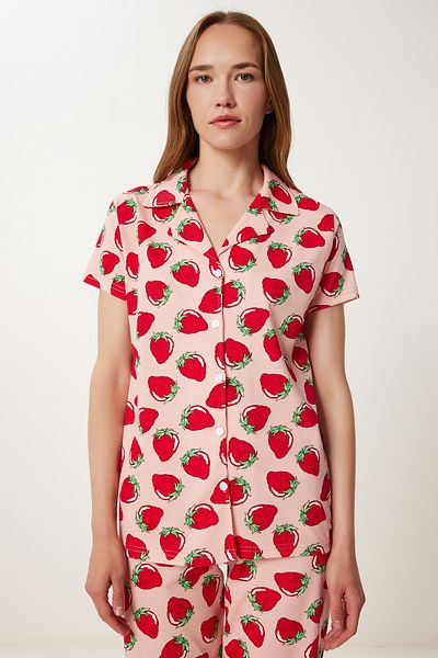 Happiness İstanbul Women's Pink Red Patterned Shirt Bottom Knitted Pajamas Set Fp00010