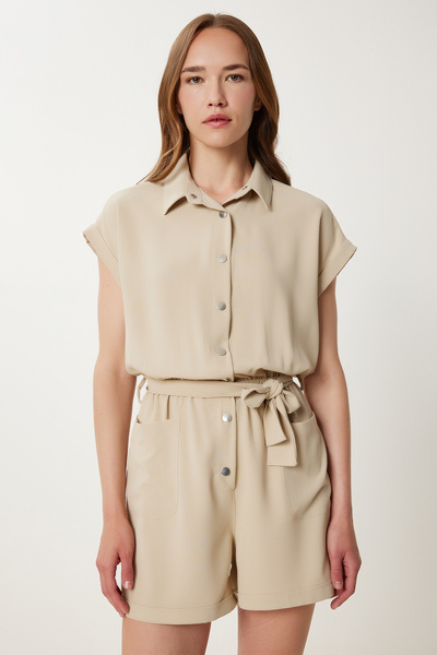 Happiness İstanbul Women's Stone Polo Neck Mini Woven Jumpsuit Pb00037