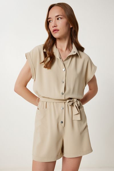 Happiness İstanbul Women's Stone Polo Neck Mini Woven Overall PB00037