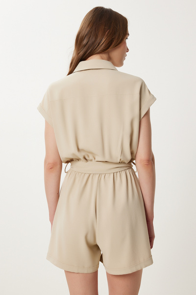 Happiness İstanbul Women's Stone Polo Neck Mini Woven Jumpsuit Pb00037