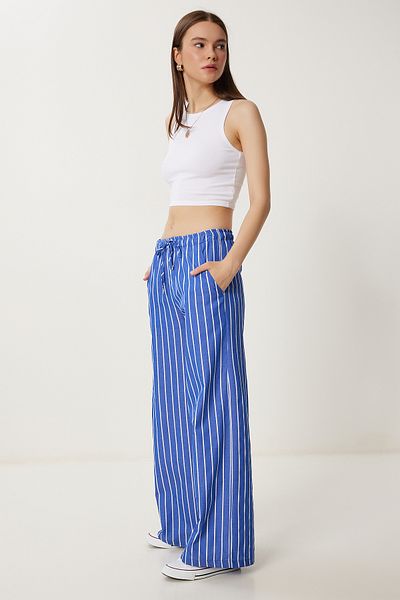 Happiness İstanbul Dunkelblau gestreifte Damenhose mit weitem Bein für den Sommer PB00035