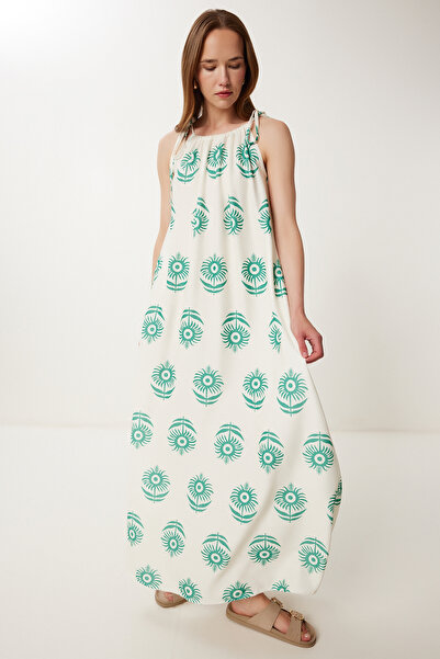 Happiness İstanbul Women's Cream Green Patterned Summer Long Crinkle Dress Li00130