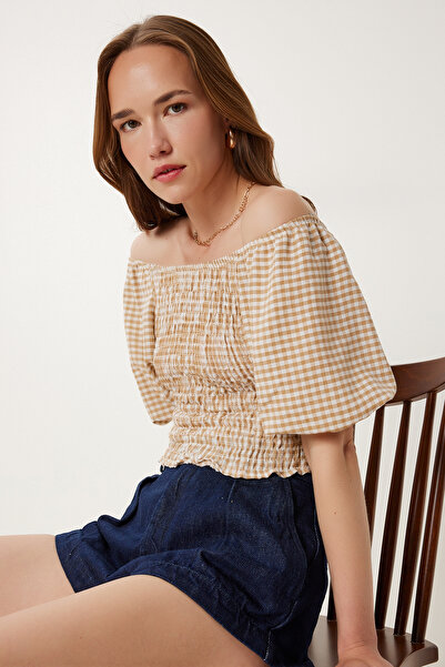 Happiness İstanbul Γυναικεία μπισκότα καρό Carmen γιακά ελαστική λινό μπλούζα TP00079
