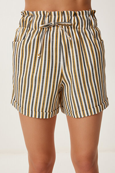 Happiness İstanbul Kadın Hardal Kemik Çizgili Mini Keten Şort TP00099