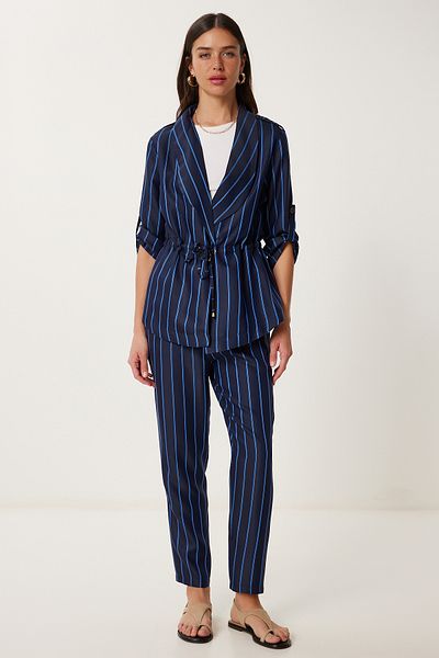 Happiness İstanbul Marineblau gestreifter, gewebter Jacken-Hosenanzug für Damen WF00120