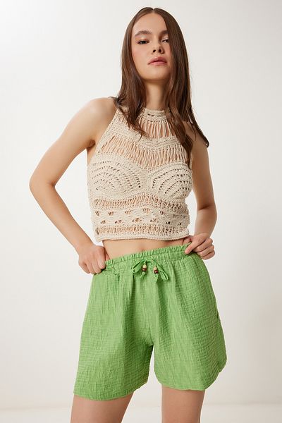 Happiness İstanbul Women's Green Textured Linen Shorts Wf00119