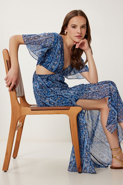 Happiness İstanbul Blaues Chiffonkleid mit Knochenmuster und Ausschnitt für Damen FG00032