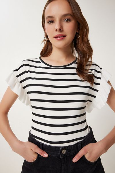 Happiness İstanbul Women's Bone Black Striped Flounced Cotton Knitted Blouse Tp00080