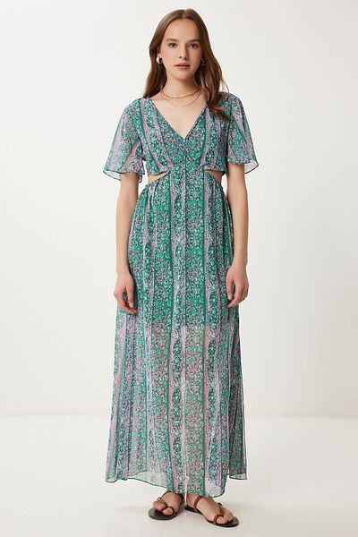 Happiness İstanbul Women Green Pink Patterned Cut Out Detail Chiffon Dress Fg00032