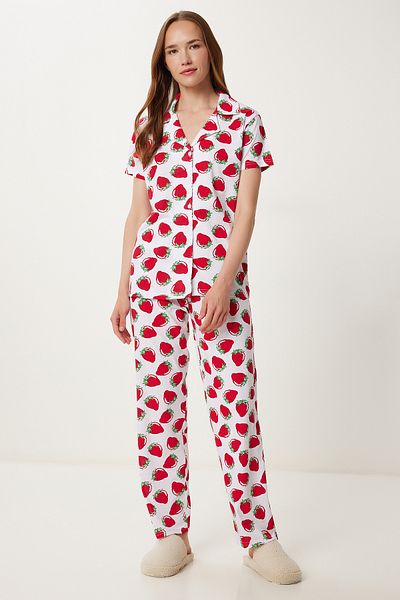 Happiness İstanbul Women's White Red Patterned Shirt Bottom Knitted Pajamas Set Fp00010