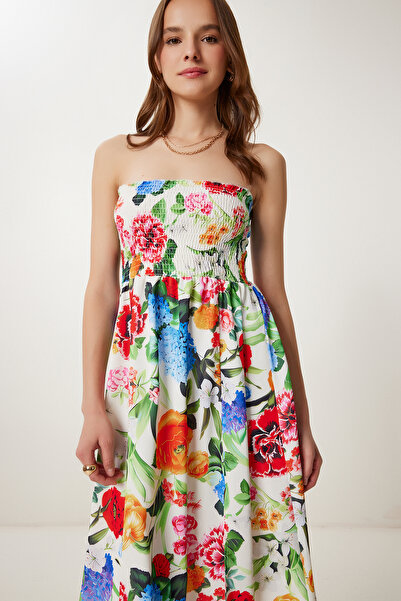 Happiness İstanbul Γυναικείο ροζ κοκάλινο φλοράλ μοτίβο στράπλες υφαντό φόρεμα JH00057