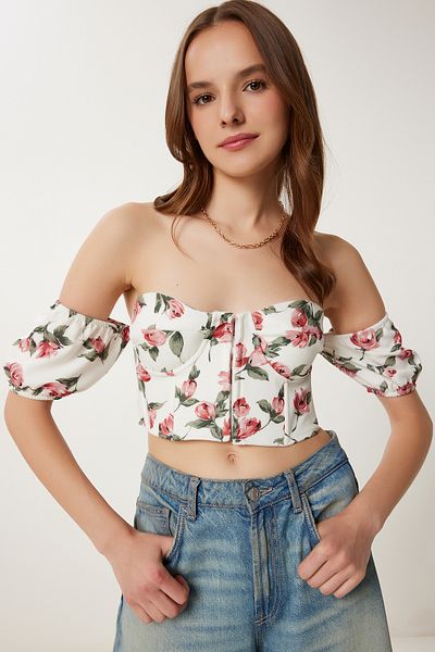 Happiness İstanbul Γυναικεία Κρέμα Dusty Rose με μοτίβο Crop Viscose Μπλούζα CR00510