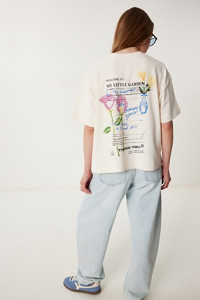 Happiness İstanbul Cremefarbenes bedrucktes Baumwoll-Strick-T-Shirt für Frauen UB00399