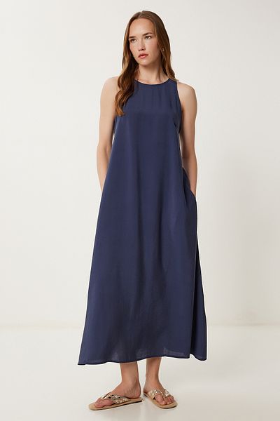 Happiness İstanbul Women's Navy Blue Sleeveless Basic Summer Woven Dress Mc00302